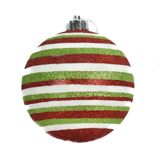 4.75" Glitter Stripe Ball Ornament in Red/White/Green | XJB