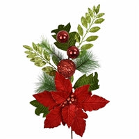 28" Mistletoe Merriment Poinsettia/Ball/Pine Spray | QG