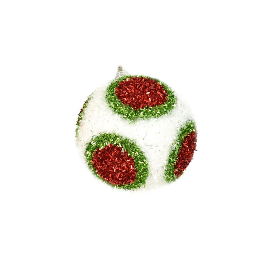 4" Dot Cut Tinsel Ball Ornament in White/Red/Green | FY