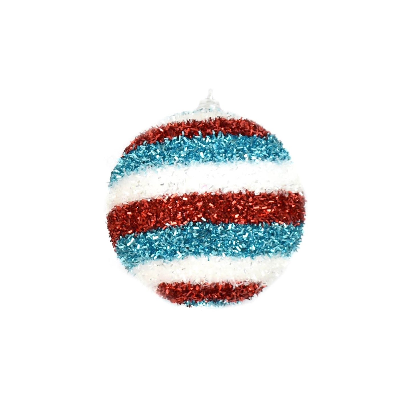 4" Horizontal Stripe Cut Tinsel Ball Ornament in White/Red/Blue | FY
