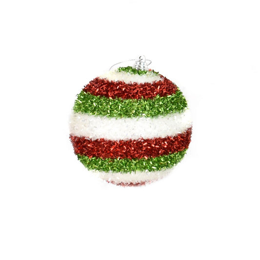 4" Horizontal Stripe Cut Tinsel Ball Ornament in White/Red/Green | FY