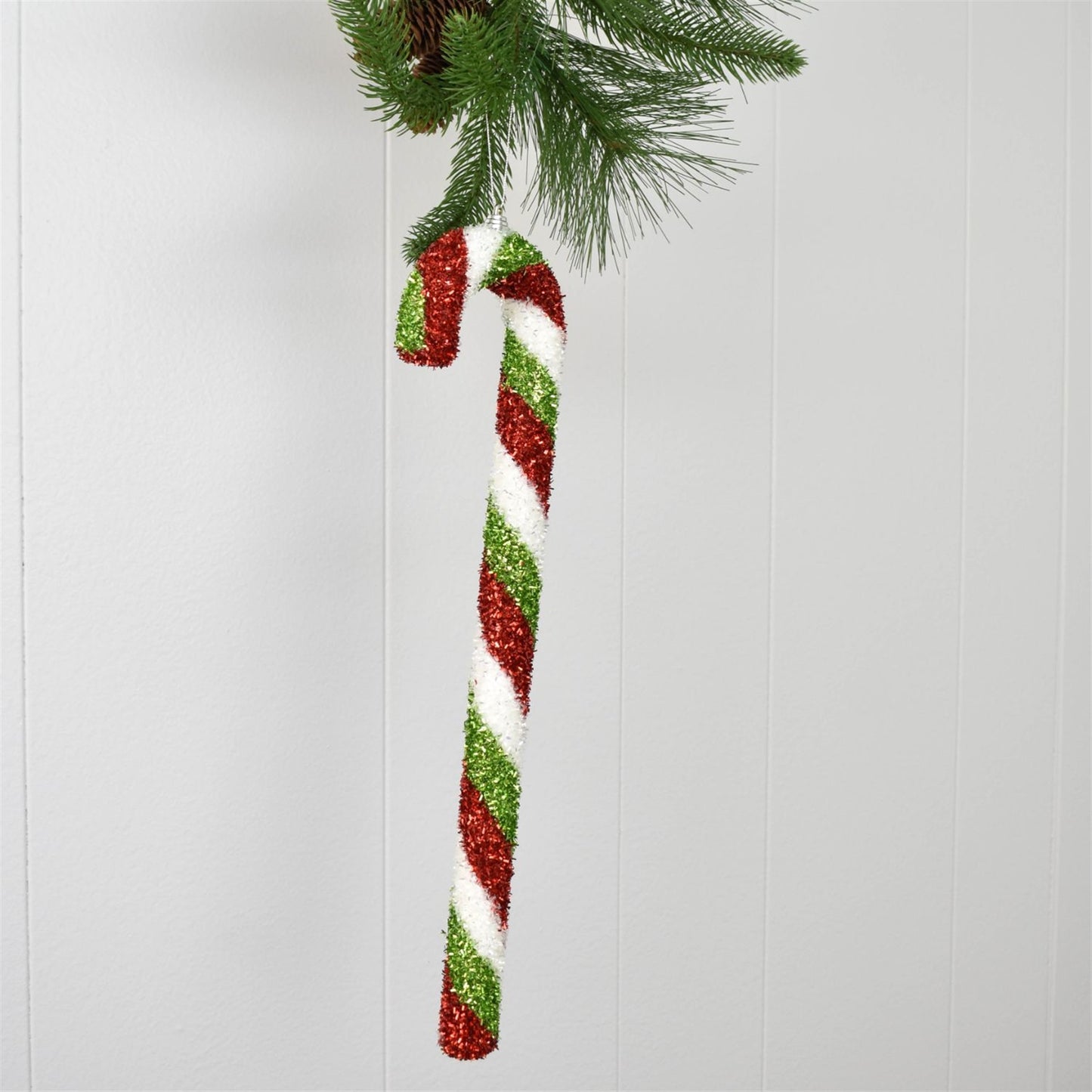 16.75" Cut Tinsel Candy Cane Ornament in White/Red/Green | FY
