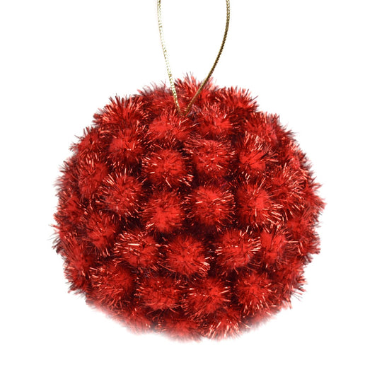 5" Fuzzy Pom Pom Ball Ornament in Red | FY