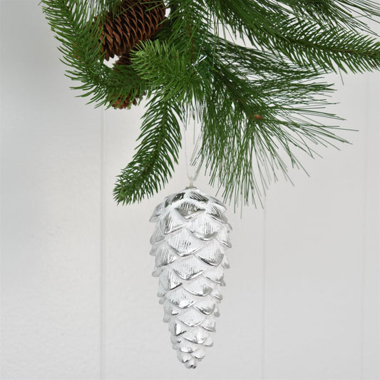 5" Pine Cone Ornament in Silver/White | FY