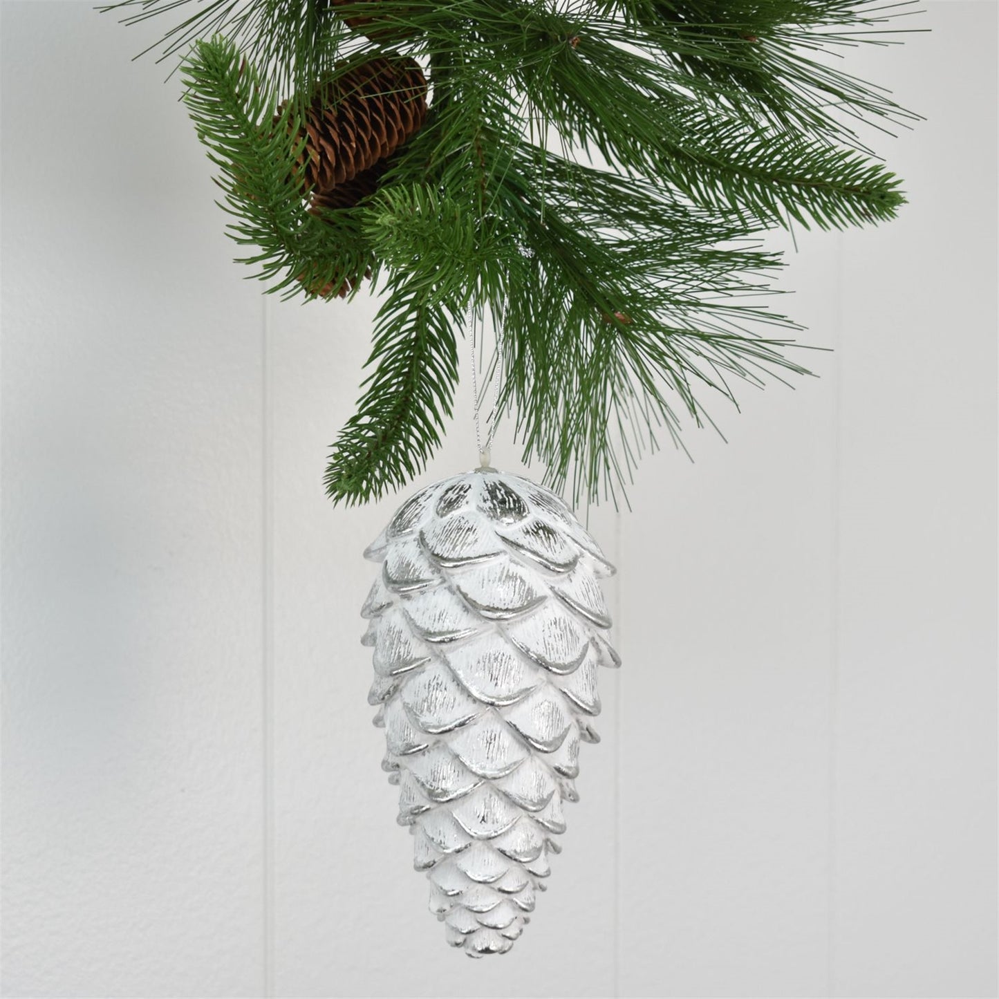 7" Pine Cone Ornament in Silver/White | FY