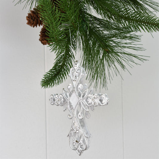 6" Vintage Cross Ornament in White/Silver | FY