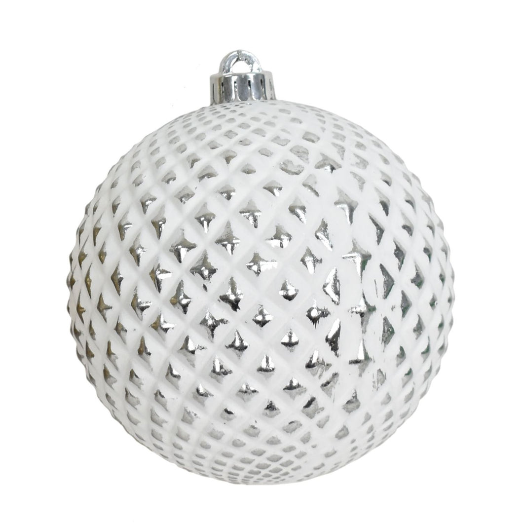 6” Vintage Diamond Pattern Ball Ornament - White/Silver | FY