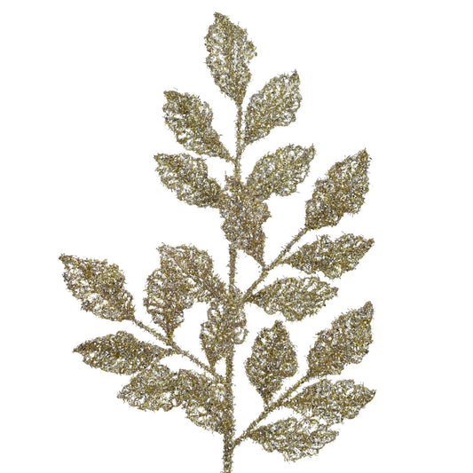 28" Glitter Mesh Leaves Spray in Champagne | QS