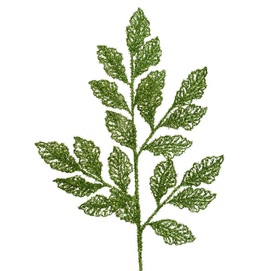 28" Glitter Mesh Leaves Spray in Green | QS