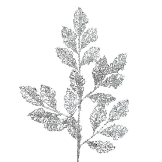28" Glitter Mesh Leaves Spray in Silver | QS