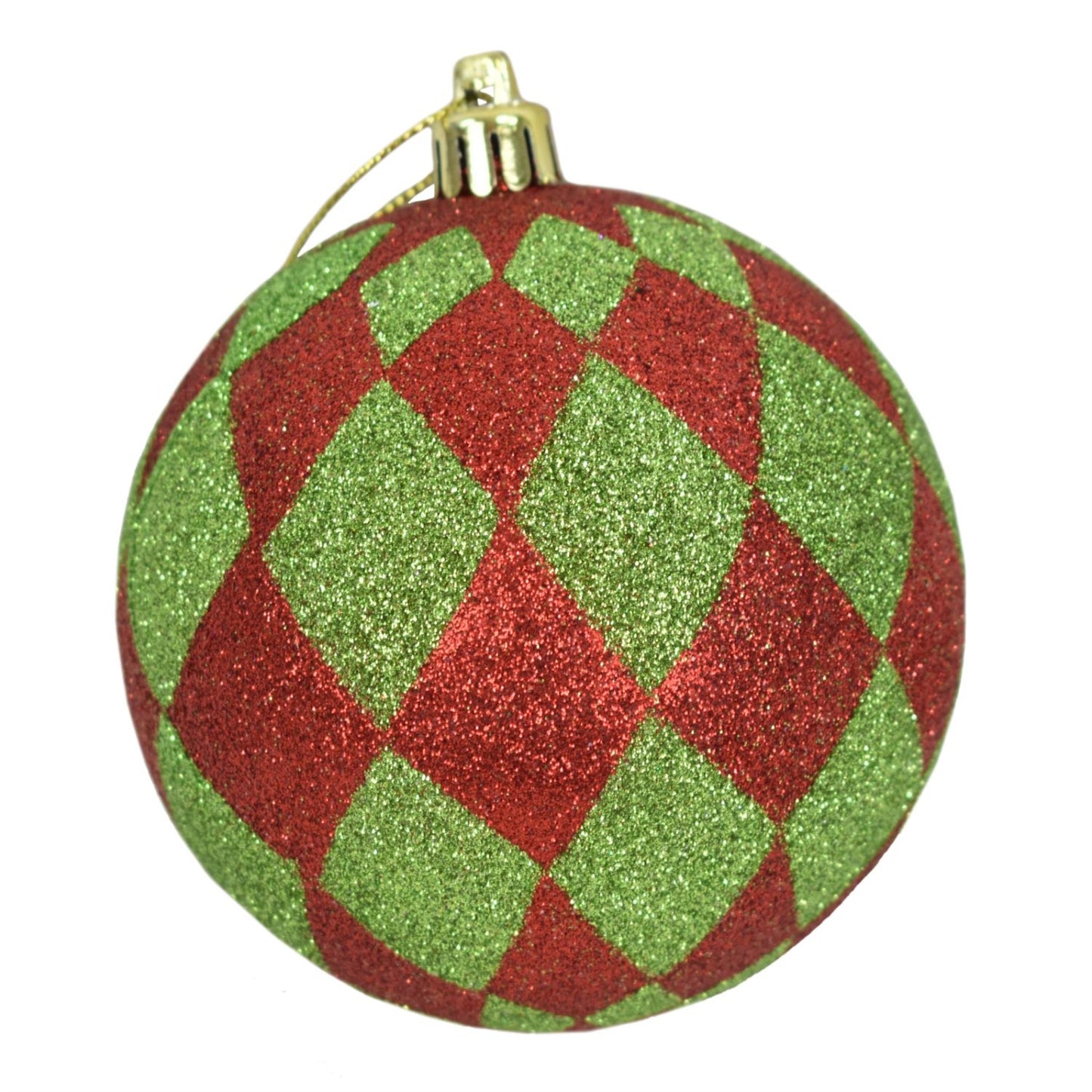 4” Apple Green / Red Harlequin Print Glitter Ball Ornament | XJB