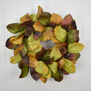 29” Warm Harvest Magnolia Leaf / Pinecone Wreath | XJ