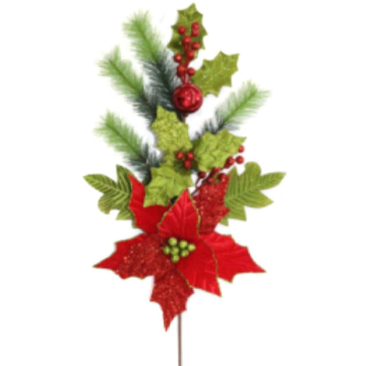 25.5" Happy Holly Day Poinsettia Spray in Red/Green | QG