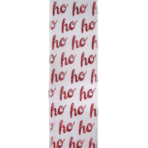Red "Ho Ho Ho" White Faux Linen Ribbon 2.5" x 10yd