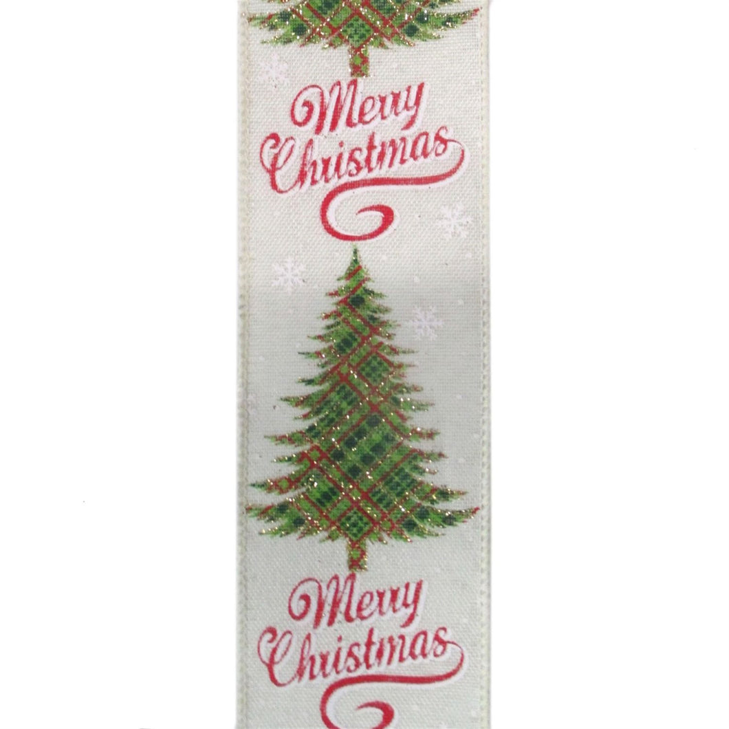 Merry Christmas Linen Snowflake Plaid Tree Ribbon 2.5