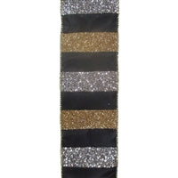 Large Glitter Striped Silver/Gold with Black Backing Ribbon 2.5" X 10YD | YT