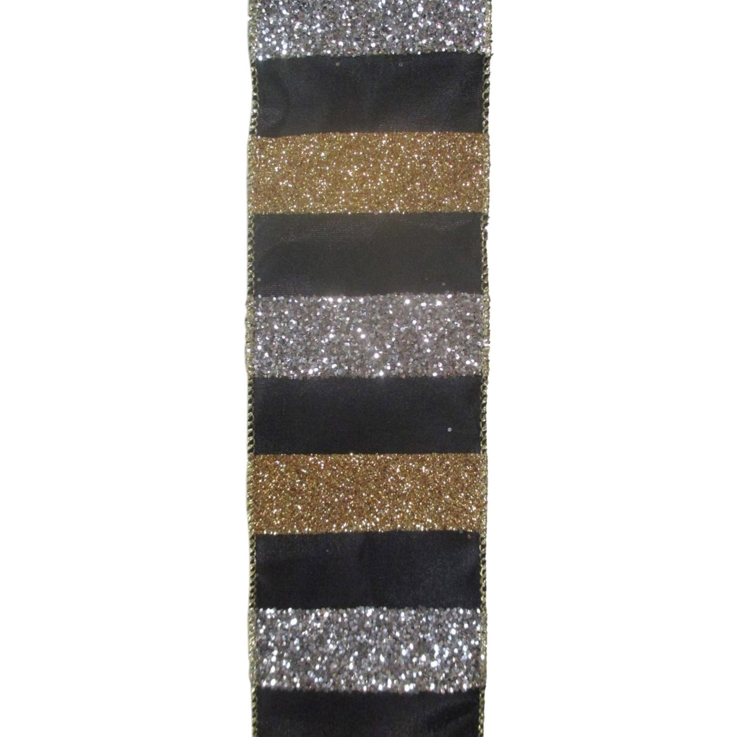 Large Glitter Striped Silver/Gold with Black backing Ribbon 2.5" x 10yd | YT