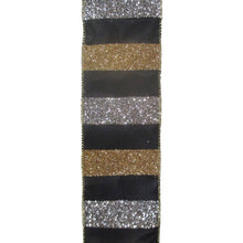 Load image into Gallery viewer, Large Glitter Striped Silver/Gold with Black backing Ribbon 2.5&quot; x 10yd | YT