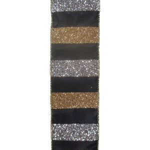 Large Glitter Striped Silver/Gold with Black backing Ribbon 2.5" x 10yd | YT