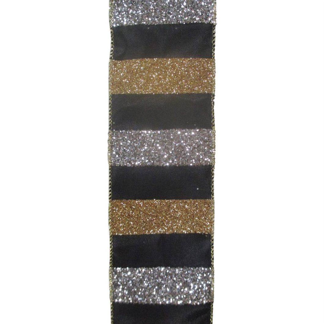Large Glitter Striped Silver/Gold with Black backing Ribbon 2.5