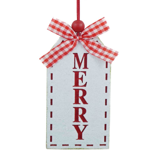 6" X 3.25" "MERRY" Tag Ornament in Red/White | TA