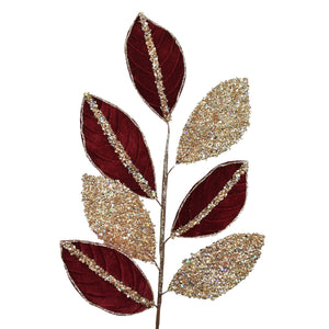 27” Fantasy Sequined Velvet Leaf Spray in Deep Red | QD