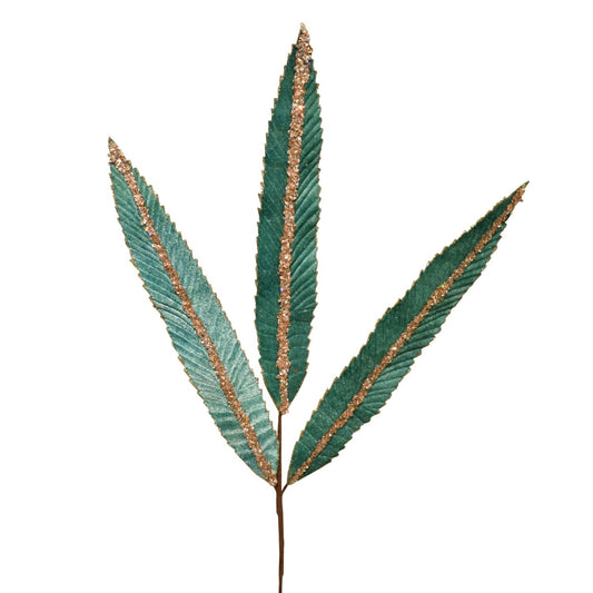 32.5” Sequin Stripe Velvet Feather Leaf Spray in Deep Aqua | QD