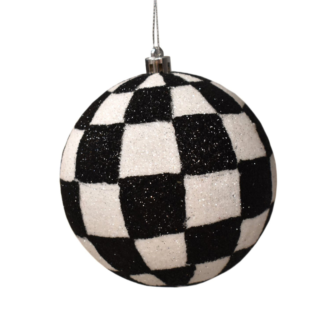 4'' Checkered Glitter Ball Ornament - Black/White | FY