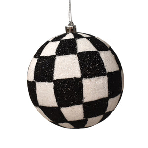 6" Checkered Glittered Ball Ornament - Black/White | FY