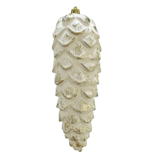 8'' Plastic Pine Cone Ornament in White with Metallic Gold Finish | FY
