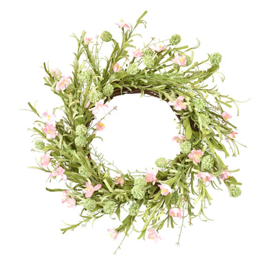 24” Pom Pom Blossom Grass Wreath in Pink/Green | QDE