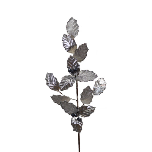 Metallic Beaded Holly Spray 27'' in Silver | QG