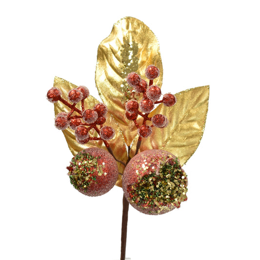 14" Glittered/ Beaded Pomegranate, Berry and Leaf Pick- Red/Gold/Green | QG