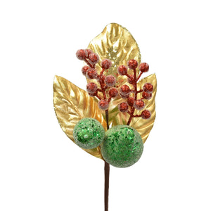 Glittered / Beaded Pear, Berry, And Leaf Pick 14.25" in Green/Gold/Red | QG