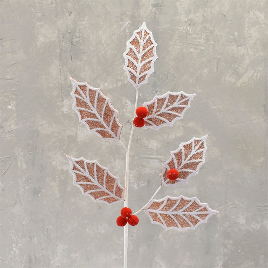 Frosted Gingerbread Holly Leaf Spray 26" in Gingerbread | QG