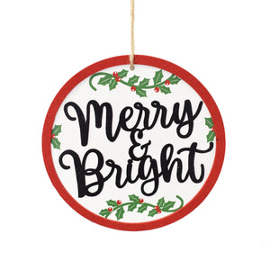Merry/Bright Wooden Disk Ornament 7.75" in Black/White/Red | QGC22