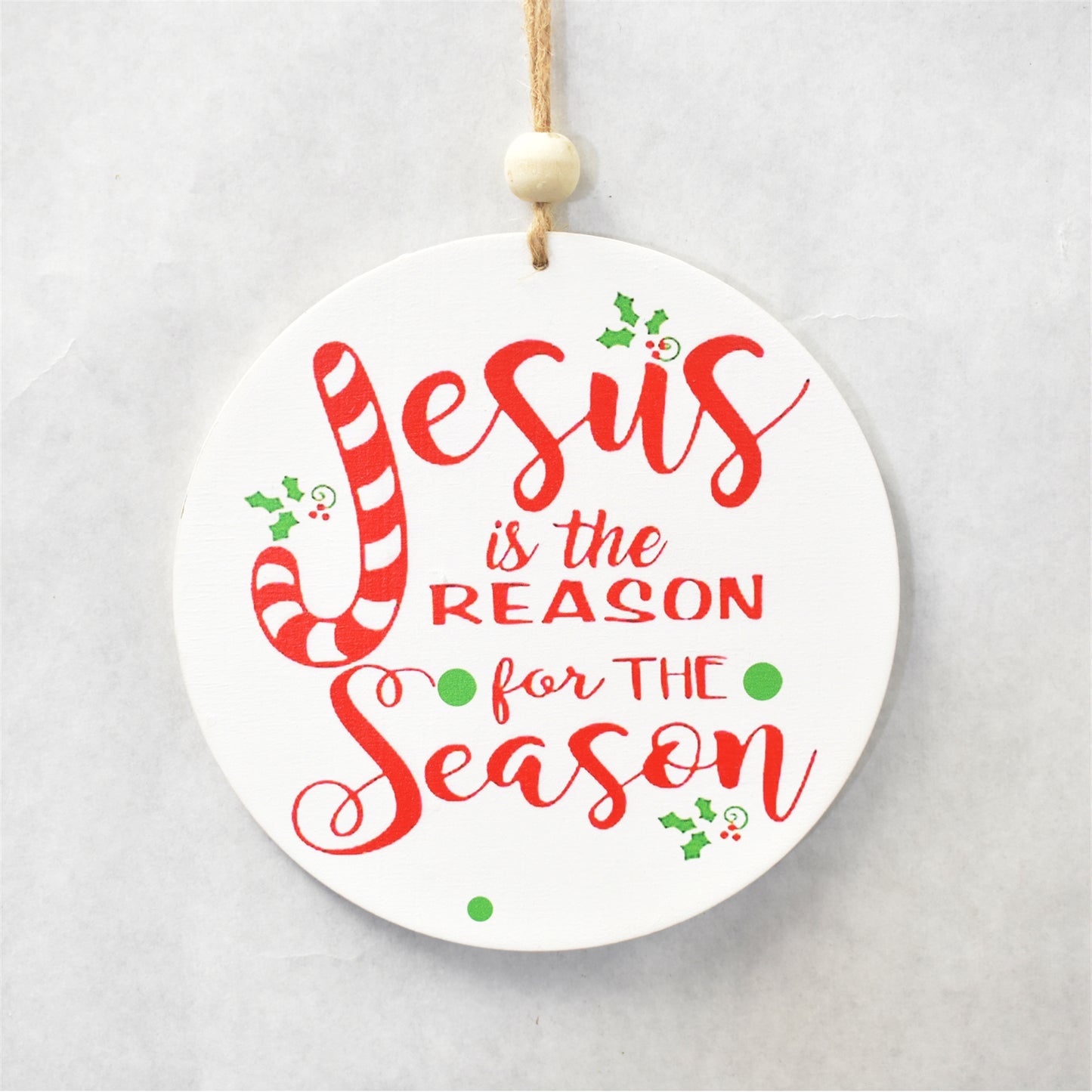 Wooden Jesus Disk Ornament 5.75" in White/Red/Green | QG