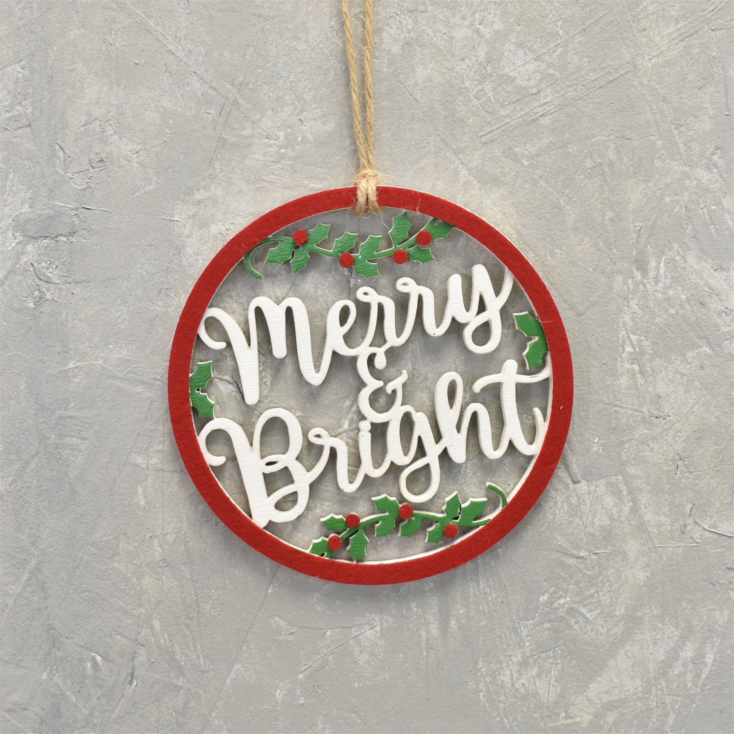 Wooden Merry/Bright Cut Out Ornament 7.75" in White/Red/Green | QG