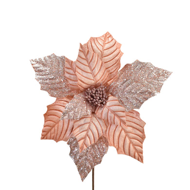 Grand Veined Velvet Sequined Poinsettia Stem 27'' x 15'' in Blush | QG