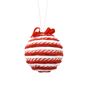 Chenille Ball Ornament with Bow 4'' in Red/White | QG