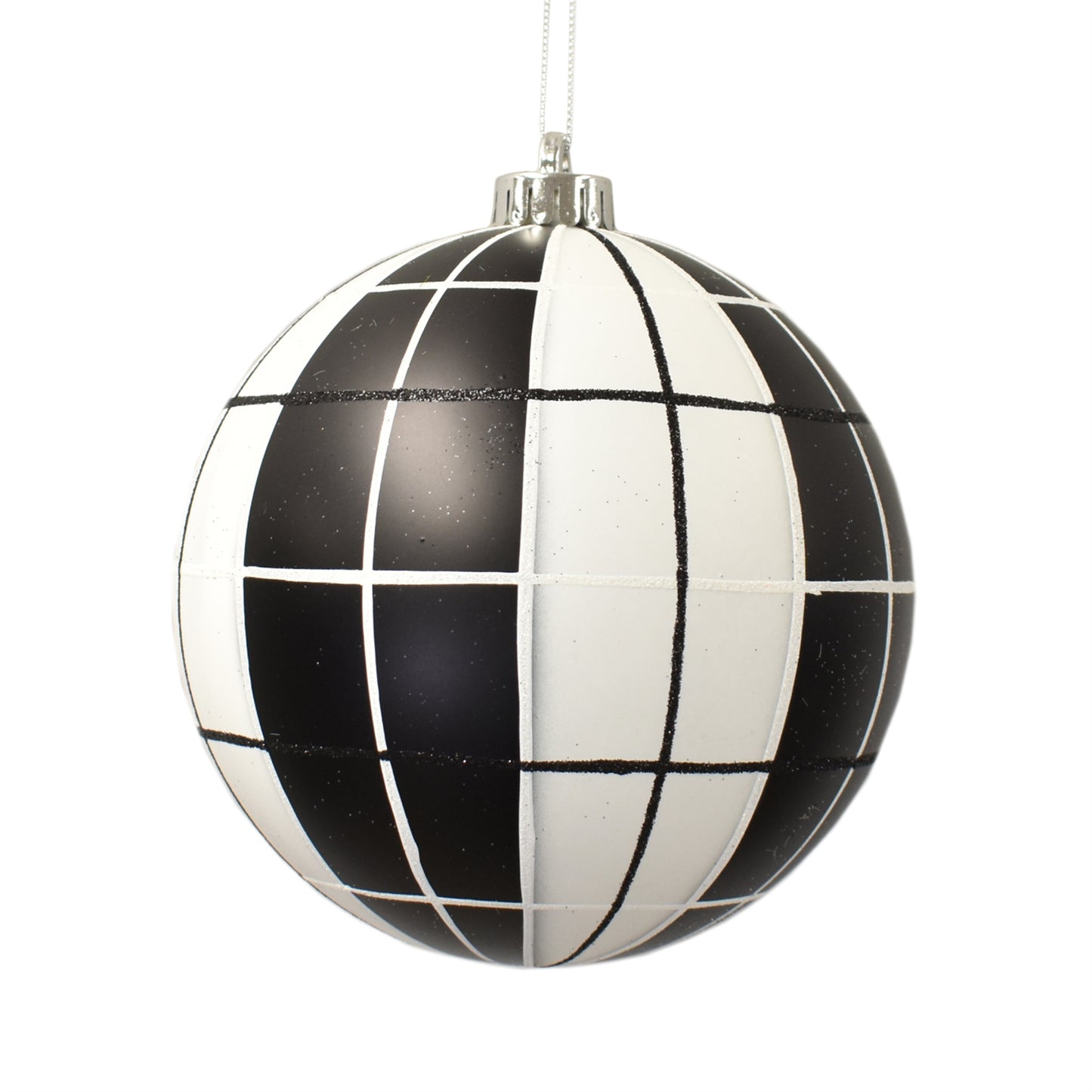 Matte Black Ball with White Glitter Plaid Design 6" | XJC22
