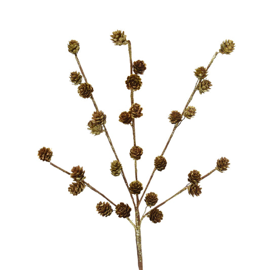 Earthy Glittered Mini Pine Cone Spray 25.75" in Gold Brown | QD