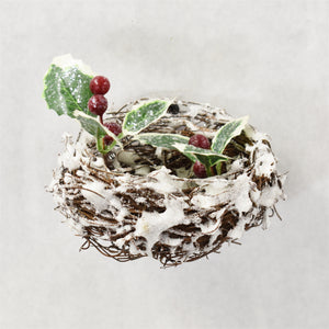 Snow Covered Angel Vine Bird Nest With Holly Berry Accents 5" x 2.5" in Natural Red Green | QDC22