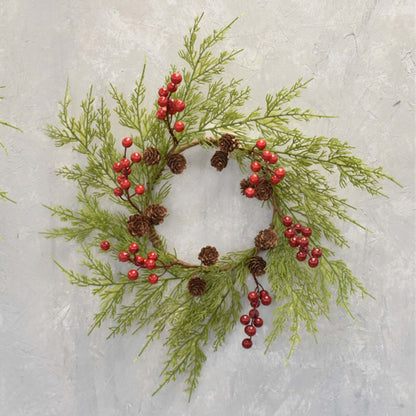 Set of 2 Fresh Cut Natural Look Cedar, Berry And Pinecone Wreath 22"-32" in Green Red | QDC22