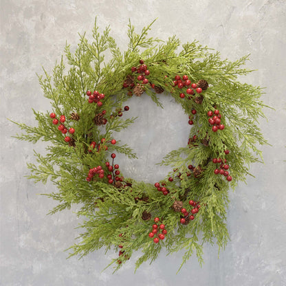 Set of 2 Fresh Cut Natural Look Cedar, Berry And Pinecone Wreath 22"-32" in Green Red | QDC22