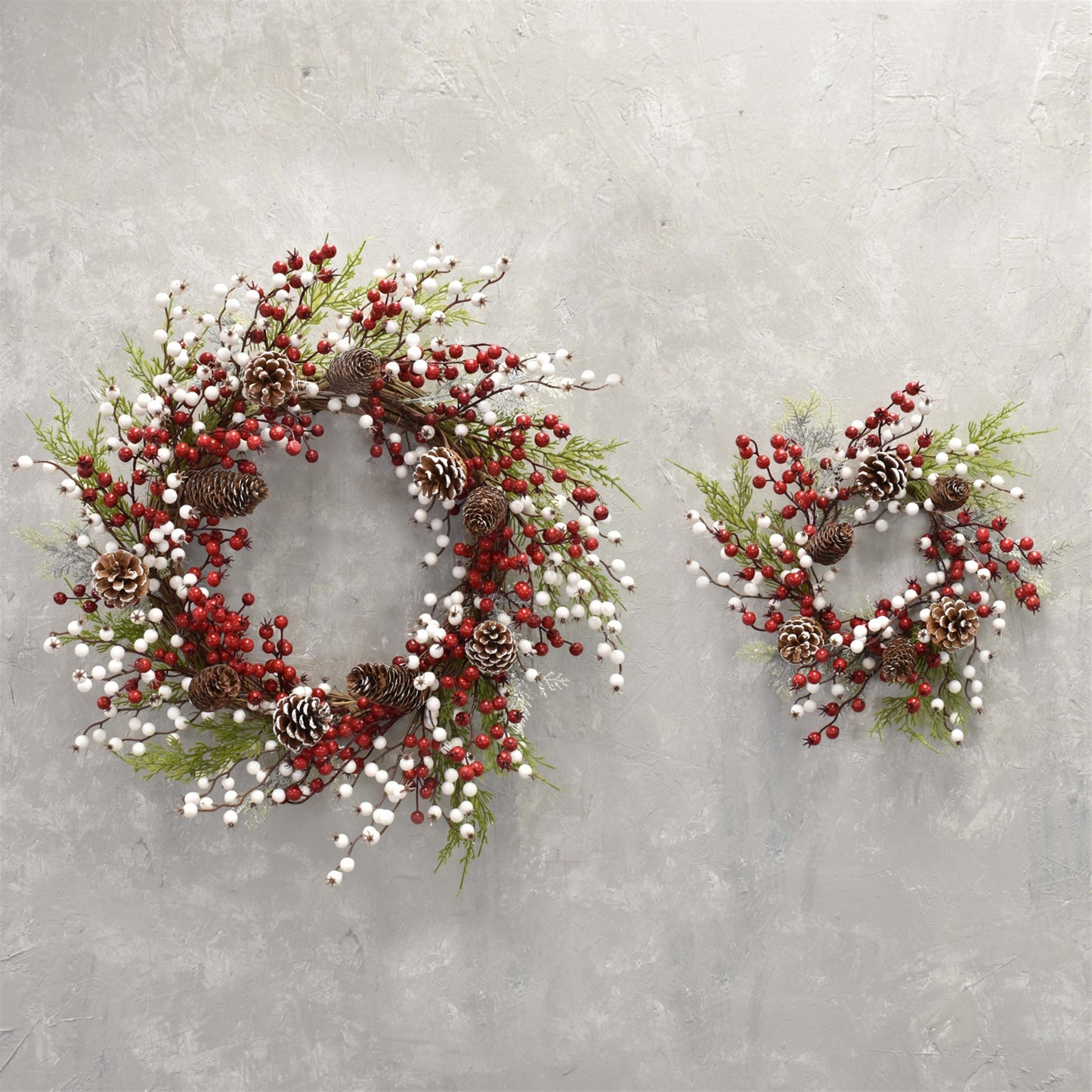 Set of 2 Snow Touched Cypress, Cedar, Pine Cone Wreath with Red & White Berries 20" in Red White Green | QDC22