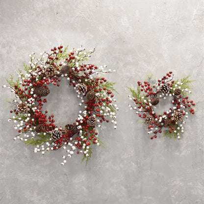 Set of 2 Snow Touched Cypress, Cedar, Pine Cone Wreath with Red & White Berries 20" in Red White Green | QDC22