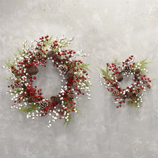 Set of 2 Snow Touched Cypress, Cedar, Pine Cone Wreath with Red & White Berries 20" in Red White Green | QDC22