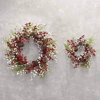 Snow Touched Cypress, Cedar, Pine Cone Wreath with Red & White Berries 20" in Red White Green | QDC22