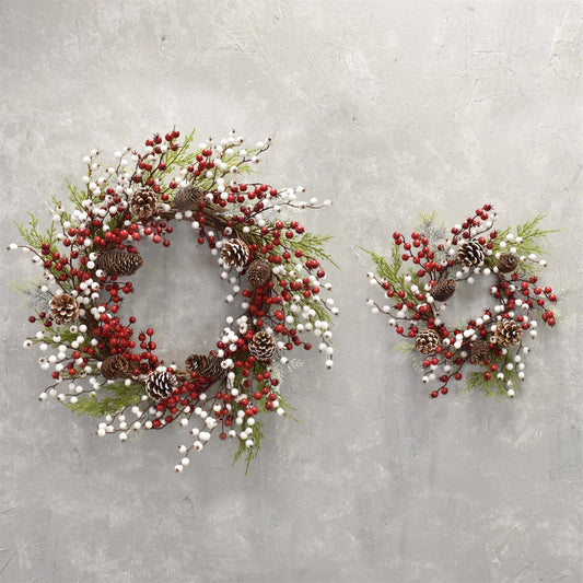 Snow Touched Cypress, Cedar, Pine Cone Wreath with Red & White Berries 20" in Red White Green | QDC22